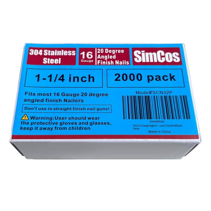 SimCos 16 Gauge Angled Finish Nails 304 Stainless Steel, (1-1/4", 1-1/2", 2", 2-1/2"), 20-Degree, for Pneumatic, Electric Finish Nailer or Nail Gun (1-1/4 inch-2000 pcs) - Image 1